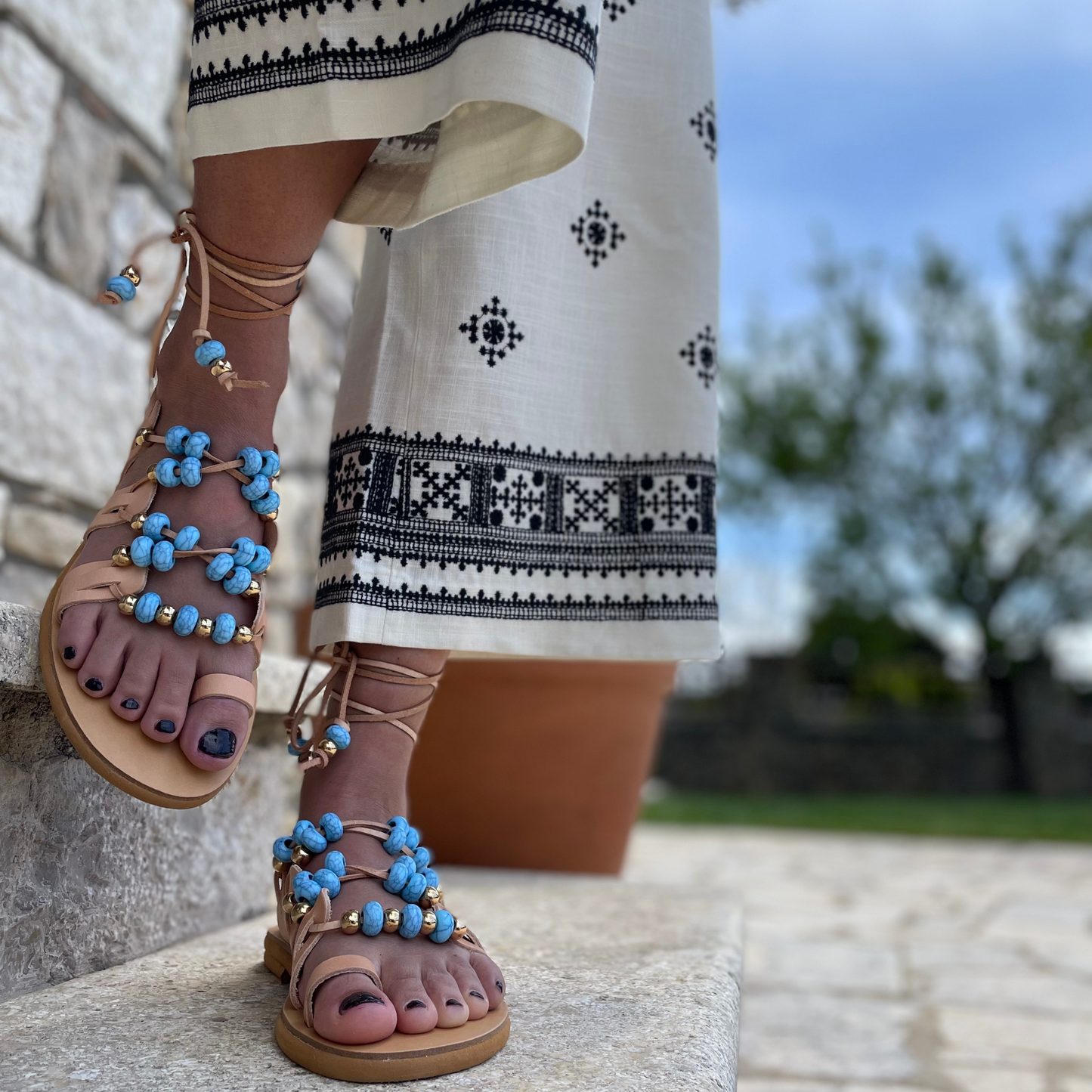 Turquoise Lace Up Sandals - Sandalea