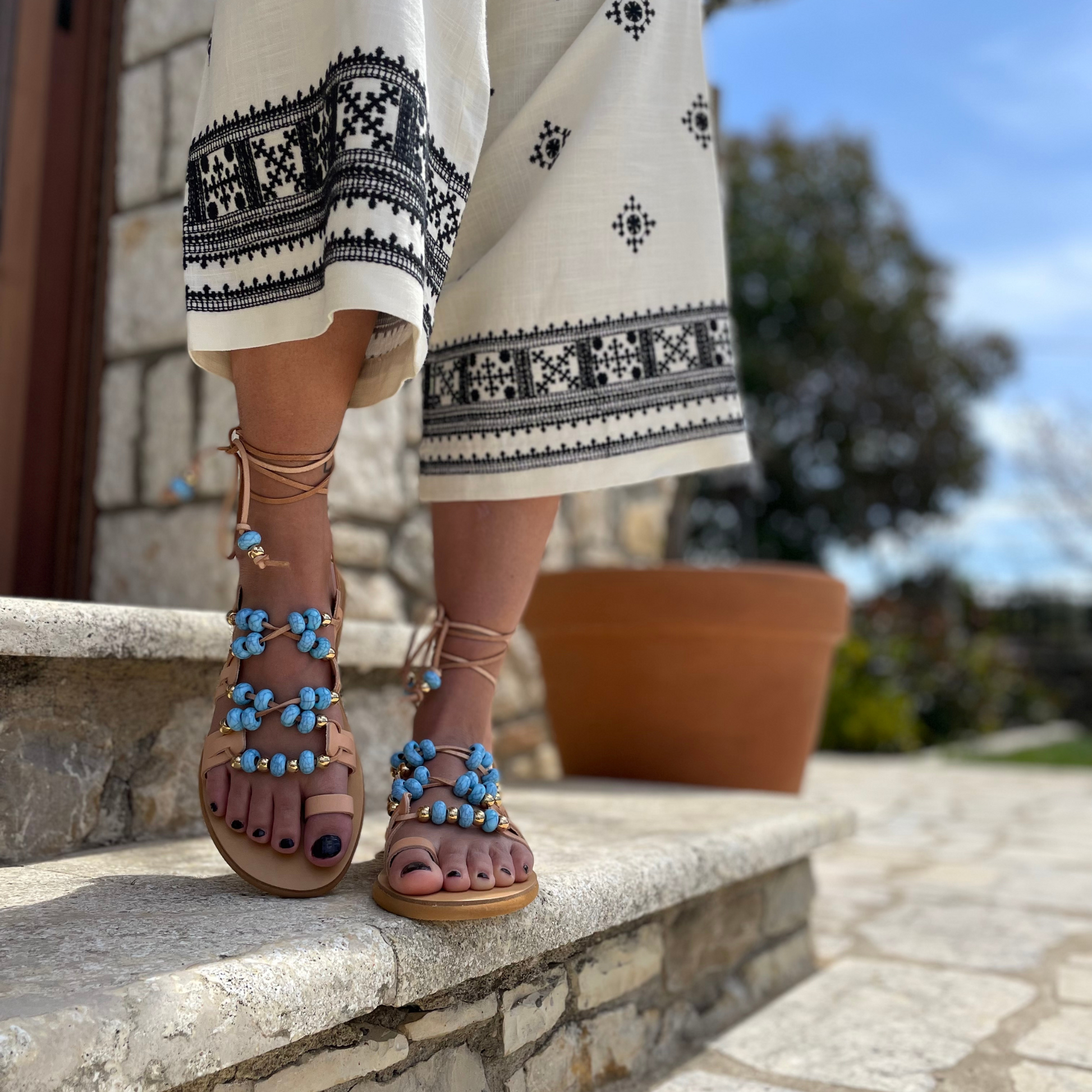 Turquoise Lace Up Sandals - Sandalea