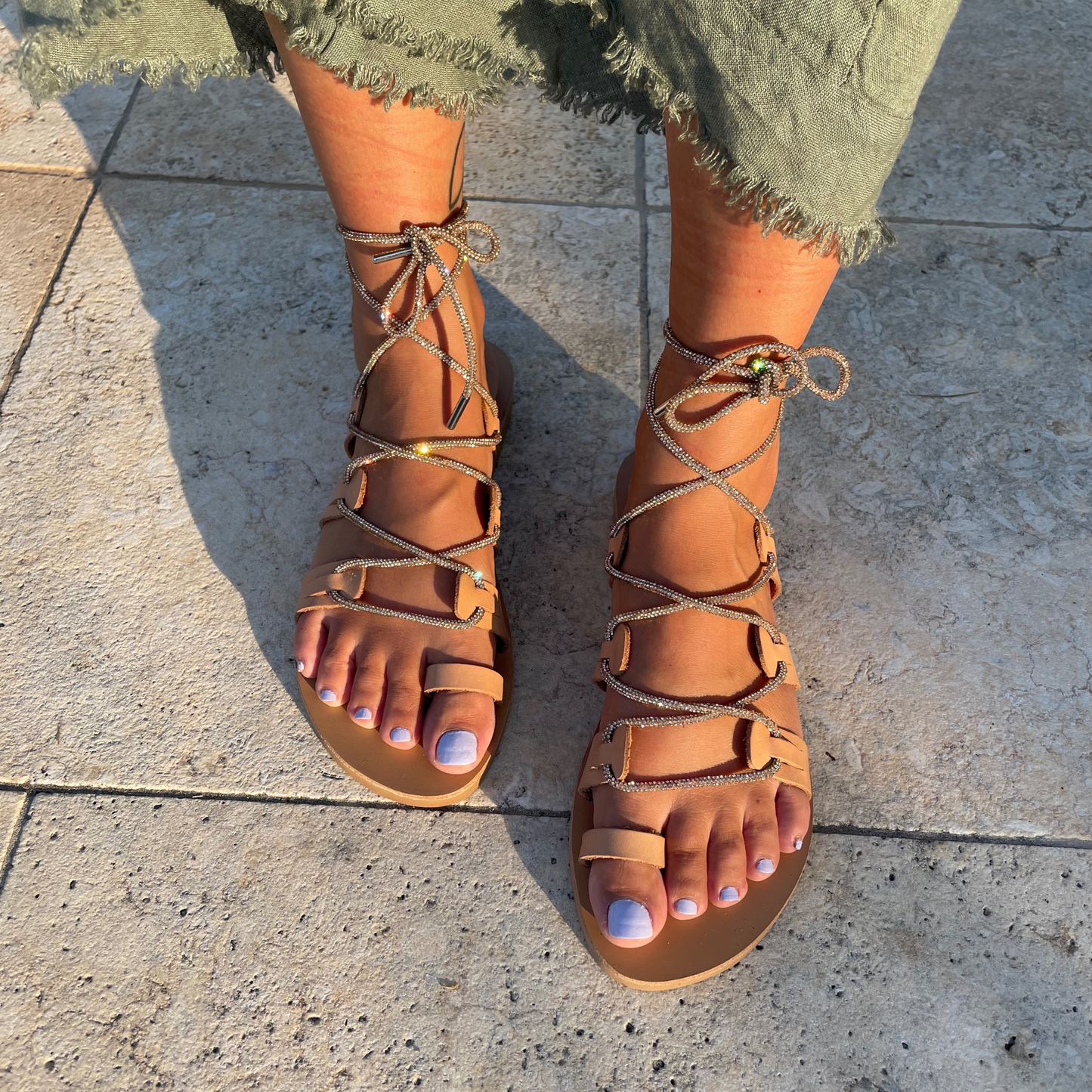 Shiny Lace Up Sandals - Sandalea